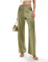 River Island satin palazzo wide leg trousers in khaki