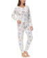 Фото #6 товара Women's Printed Microfleece V-neck Long Sleeve Top with Jogger 2 Pc Pajama Set