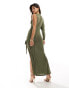 ASOS DESIGN one sleeve maxi dress with cutout and drawstring in khaki