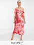 Hope & Ivy Maternity cold shoulder satin midi dress in red and pink floral