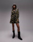 Topshop tie waist mini shirt dress in green animal print