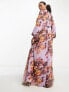 ASOS DESIGN elasticated neck trapeze maxi dress with tie waist and shirred cuff in bold floral print