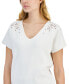 Фото #3 товара Women's Embroidered-Shoulder Short Sleeve V Neck Sweater