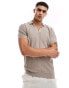 New Look short sleeve textured stripe polo shirt in camel