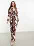 ASOS DESIGN plisse collared wide leg jumpsuit with tie waist in brown geo print