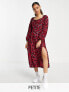 Фото #1 товара Miss Selfridge Petite milkmaid tie front midi dress in red animal