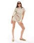 Vila plisse high neck short sleeve t-shirt with lettuce edge detail in beige Federgrau, S - EU 34-36 - фото #1