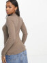 JDY high neck lettuce edge top in light brown