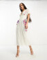 ASOS DESIGN embroidered short sleeve midi dress with dobby mesh in ivory