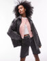 Фото #4 товара Topshop premium real leather super washed oversized bomber jacket in black