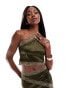 Фото #4 товара ASOS DESIGN co-ord lace trim one shoulder stretch satin crop top in khaki