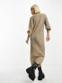 Object knitted v neck midi jumper dress with balloon sleeves in beige melange