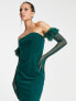 Фото #4 товара Вечернее платье Rare - Миди-платье бодикон с без бретелек в зеленом цвете с перчатками и искусственным мехом