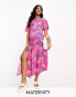 Influence Maternity flutter sleeve midi tea dress in red and blue floral print