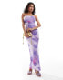 ASOS DESIGN bandeau mesh midi dress with ruching in lilac floral print