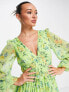 Фото #3 товара ASOS DESIGN button through ruched waist pleated mini dress in green floral print