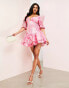 Фото #4 товара ASOS LUXE jacquard plunge mini dress with tiered hem & puff sleeve in pink