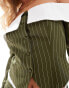 Extro & Vert Petite longline corset bandeau blazer top in khaki stripe co-ord