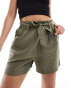 JDY paperbag tie waist linen short in khaki