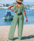 Фото #2 товара Women's Green Ruffled Bow Tie Wide Leg Jumpsuit