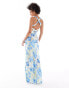 ASOS DESIGN Tall satin wide neck cross back strap maxi dress in blue postcard print