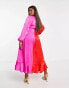 Flounce London Plus satin balloon sleeve ruffle midi dress in contrast pink and red