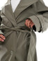 ASOS DESIGN rubberised rain hooded trench coat with belt detail in khaki