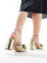 ASOS DESIGN Wide Fit Hitched bow detail mid block heeled sandals in gold