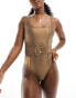 Фото #3 товара South Beach snake embossed buckle front swimsuit in brown metallic