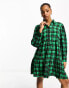 Фото #1 товара Monki mini shirt dress with tiered hem in green check