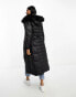 River Island maxi belted puffer with faux fur hood in black Черный, 34 - фото #4