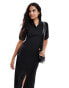 Vila short sleeved v neck midi dress with split front in black Черный, M - EU 36-40 - фото #2