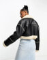 Pull&Bear faux leather cropped shearling detail jacket in black