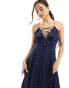 ASOS DESIGN lace up ruffle cami maxi dress with godet in navy micro spot