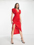 ASOS DESIGN Tall plunge neck ruched side midi dress with split in red