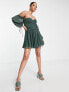 ASOS DESIGN corseted off the shoulder flippy dress with blouson sleeves in sage green