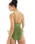 New Look square neck ruched side swimsuit in khaki Зеленый, 36 - фото #4