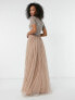 Maya Tall Bridesmaid short sleeve maxi tulle dress with tonal delicate sequins in muted blush