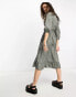 ONLY puff sleeve wrap midi dress in green spot