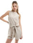 Monki beach linen sleeveless playsuit with tie belt detail in beige