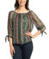 Juniors' Printed 3/4-Sleeve Tie-Cuff Peasant Blouse