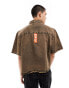 COLLUSION boxy short sleeve shirt contrast tape and embroidery in washed khaki