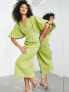 Фото #2 товара ASOS EDITION plunge blouson sleeve pencil midi dress in olive green