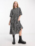 Vila flutter sleeve midi dress in mono animal print