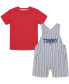 ფოტო #1 პროდუქტის Baby Boys Short Sleeve Solid T-shirt and Oxford Stripe Shortalls Set