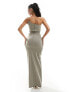 Vesper exclusive asymmetric one shoulder bodycon maxi dress in stone