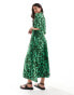 YAS floral belted t-shirt midi dress in green print - MGREEN