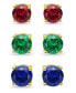 Lab Grown Green Quartz, Lab Grown Ruby and Simulated Blue Sapphire Stud Earring Set, 3 Piece