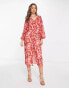 Pretty Lavish balloon sleeve button midaxi dress in red and pink floral