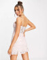 Bardot corset waist mini dress with frill hem in soft pink lace